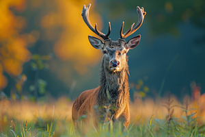Majestic red deer stag standing in a golden woodland meadow at sunrise, a Photo by AS photostudio