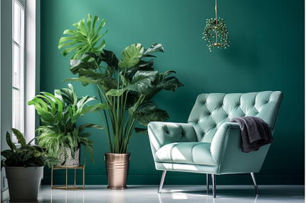 Green armchair blue wall furniture, an Abstract Photo by Ylivdesign