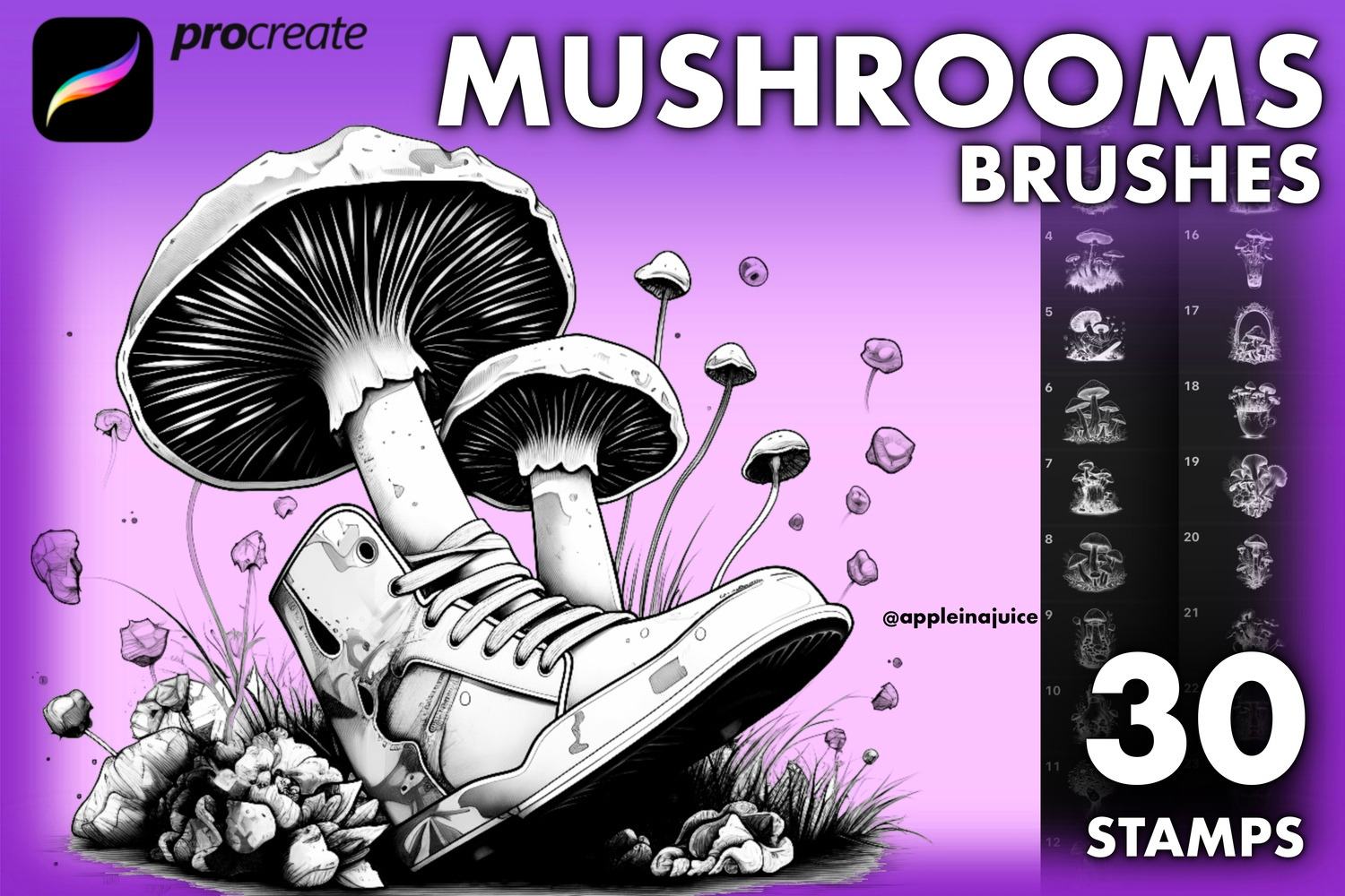 Procreate mushrooms tattoo brushes, a Brush Add-On by Revabrush