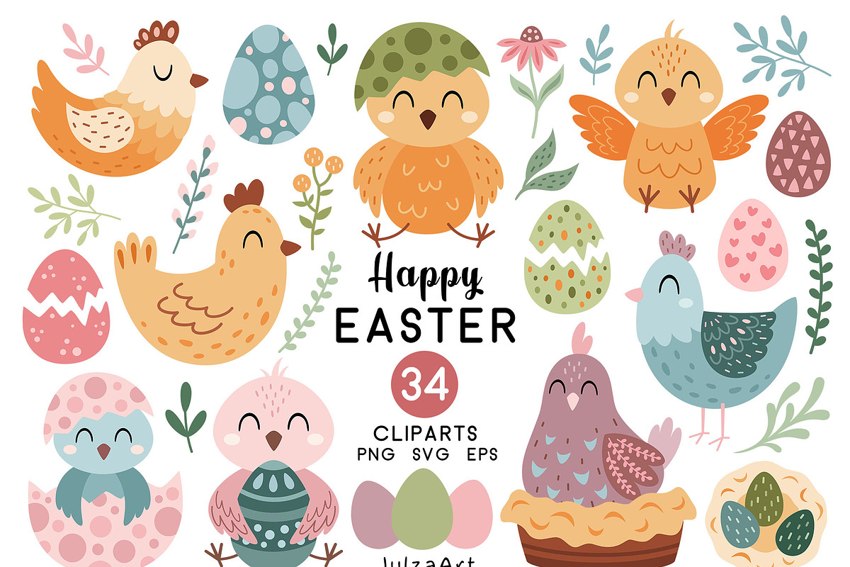 Easter chicken clipart, an Animal Illustration by JulzaArt (Photo 1 of 6)
