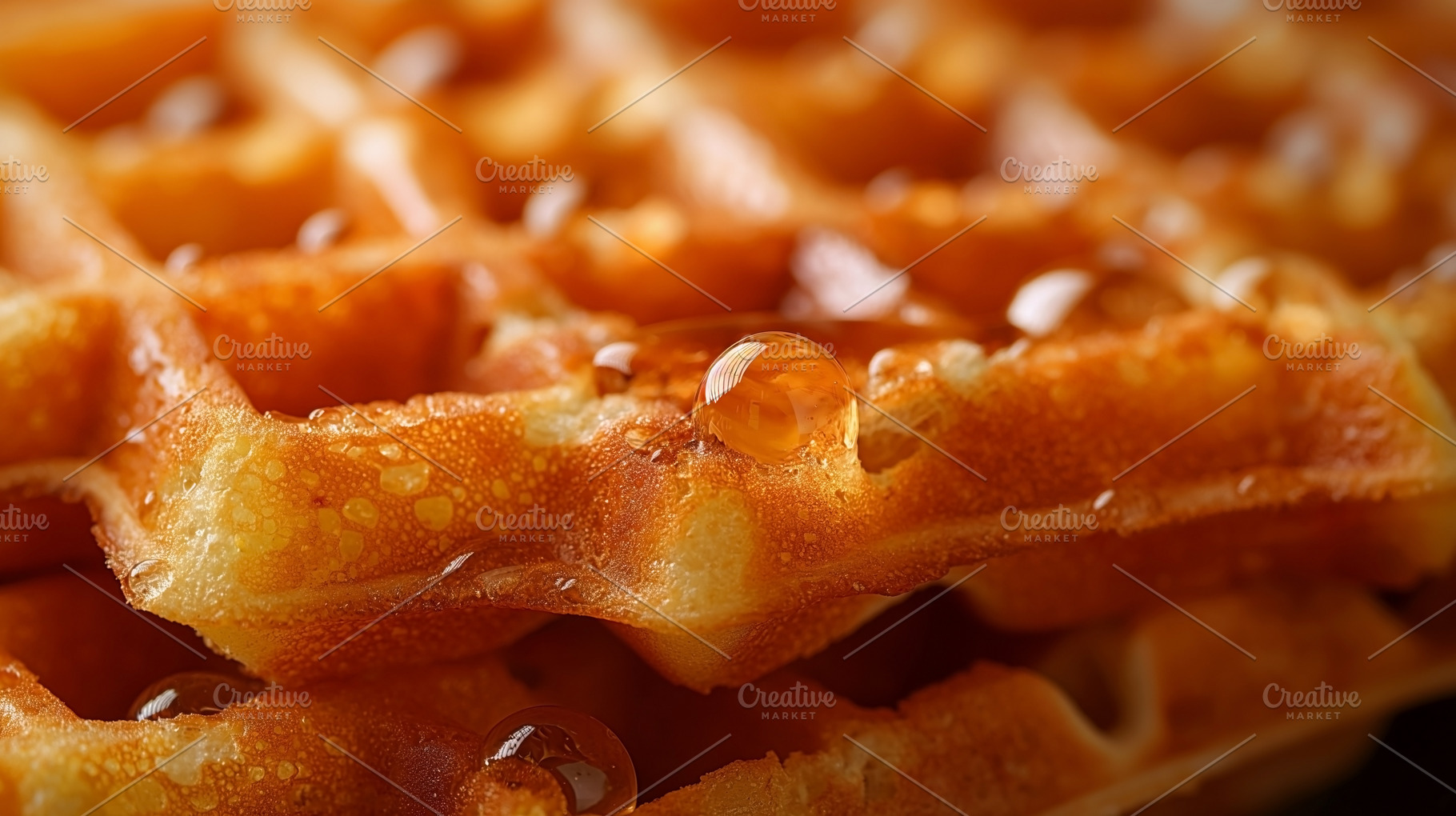 Golden, crispy waffles topped with glistening syrup droplets, pe, a Food & Drink Photo by ImageMir