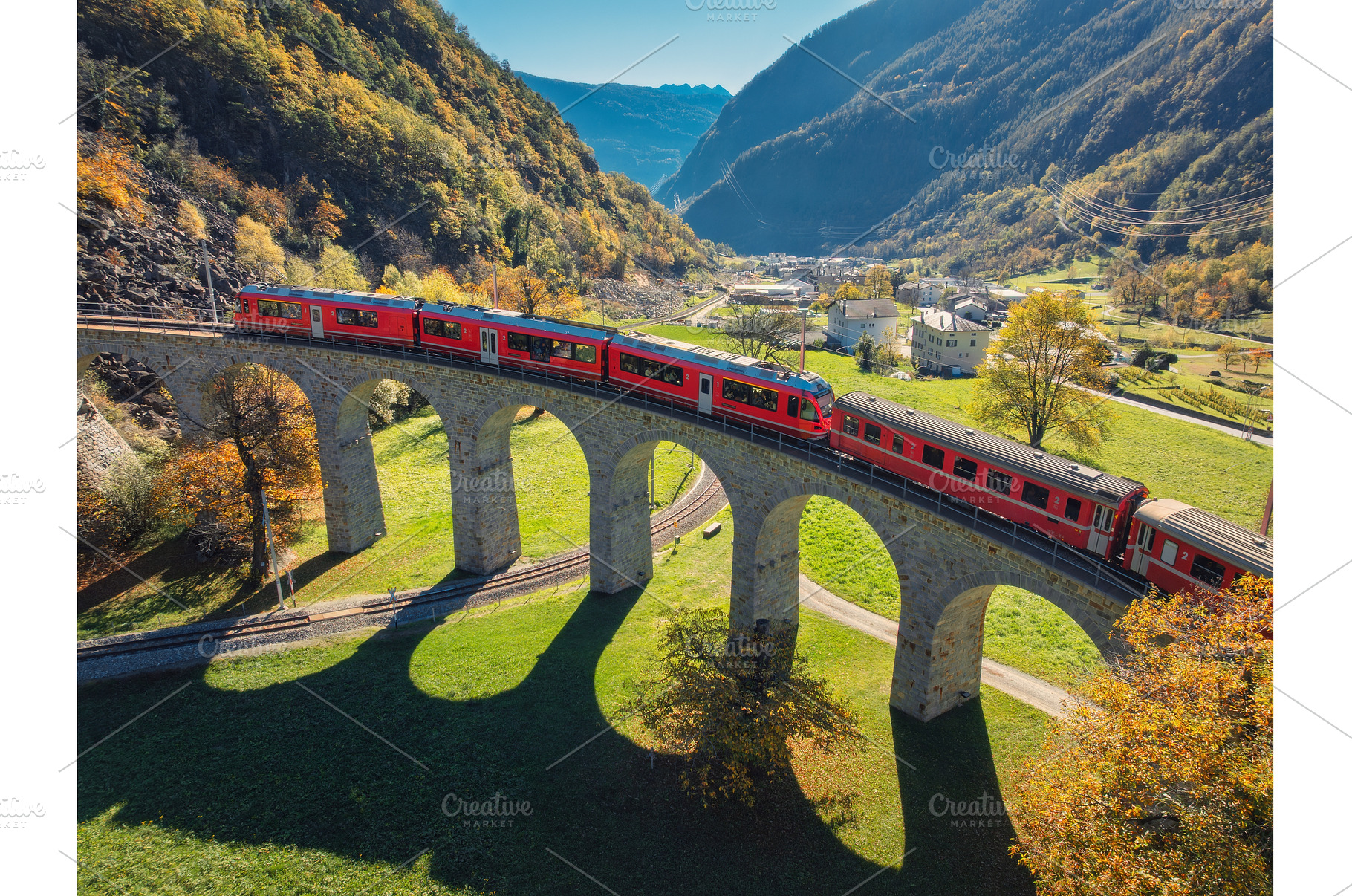 Aerial view of the red Bernina, a Transportation Photo by den-belitsky