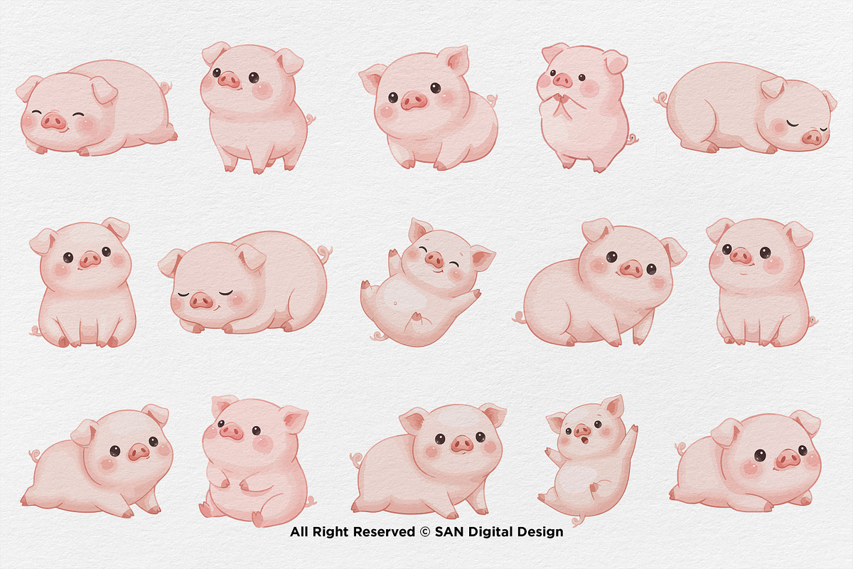 15 Bundle Watercolor Chubby Pig Pink, an Animal Illustration by Morspective (Photo 8 of 8)