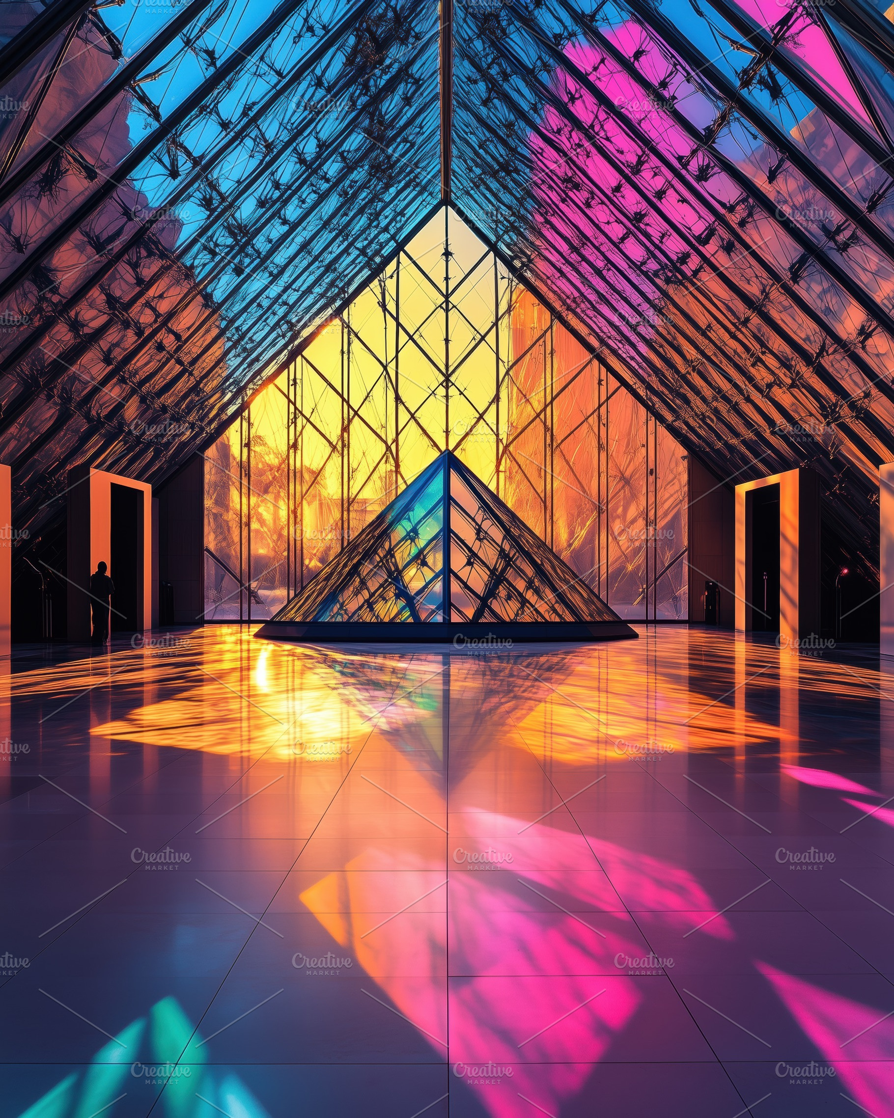 A stunning view of the Louvre Museum's glass pyramid at sunset, with vibrant co, an Arts & Entertainment Photo by Textures & Backgrounds