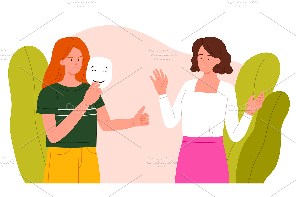 Envy Between Friends Hidden By Mask, an Illustration by Flashvector