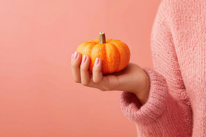 Person holding a small pumpkin in cozy sweater, a Food & Drink Photo by AlyaAnd