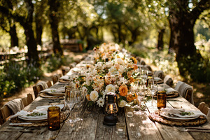 Rustic outdoor wedding reception tab, a Photo by Pixeness Studio