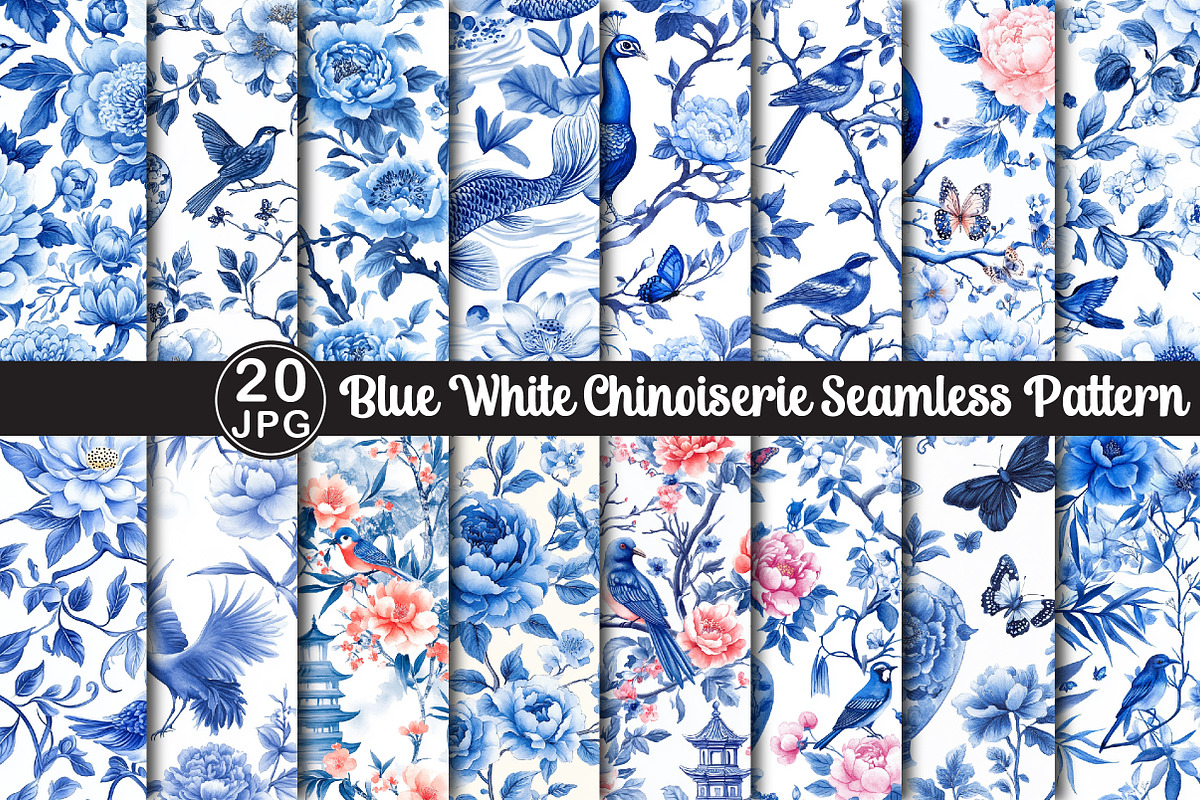 Blue White Chinoiserie Pattern, a Pattern Graphic by Black Bird Studio (Photo 1 of 5)