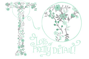 Mint & Grey Floral Alphabet Vectors