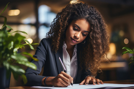 Focused Businesswoman Working in a Modern Office Setting, a Photo by AS photostudio