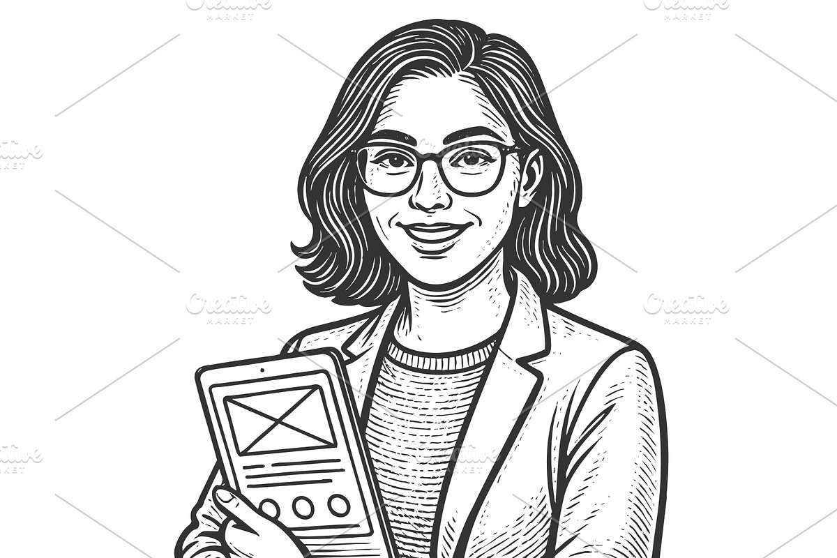 female UX designer engraving sketch, a Technology Illustration by AlexArt