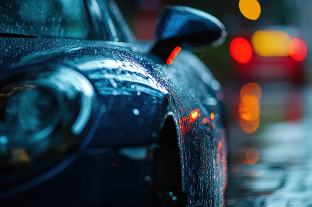 Rain-soaked car reflecting city ligh, a Photo by Tanuart