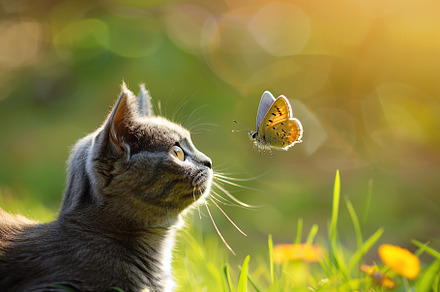 Grey cat playing with butterfly in the park, an Animal Photo by AlyaAnd
