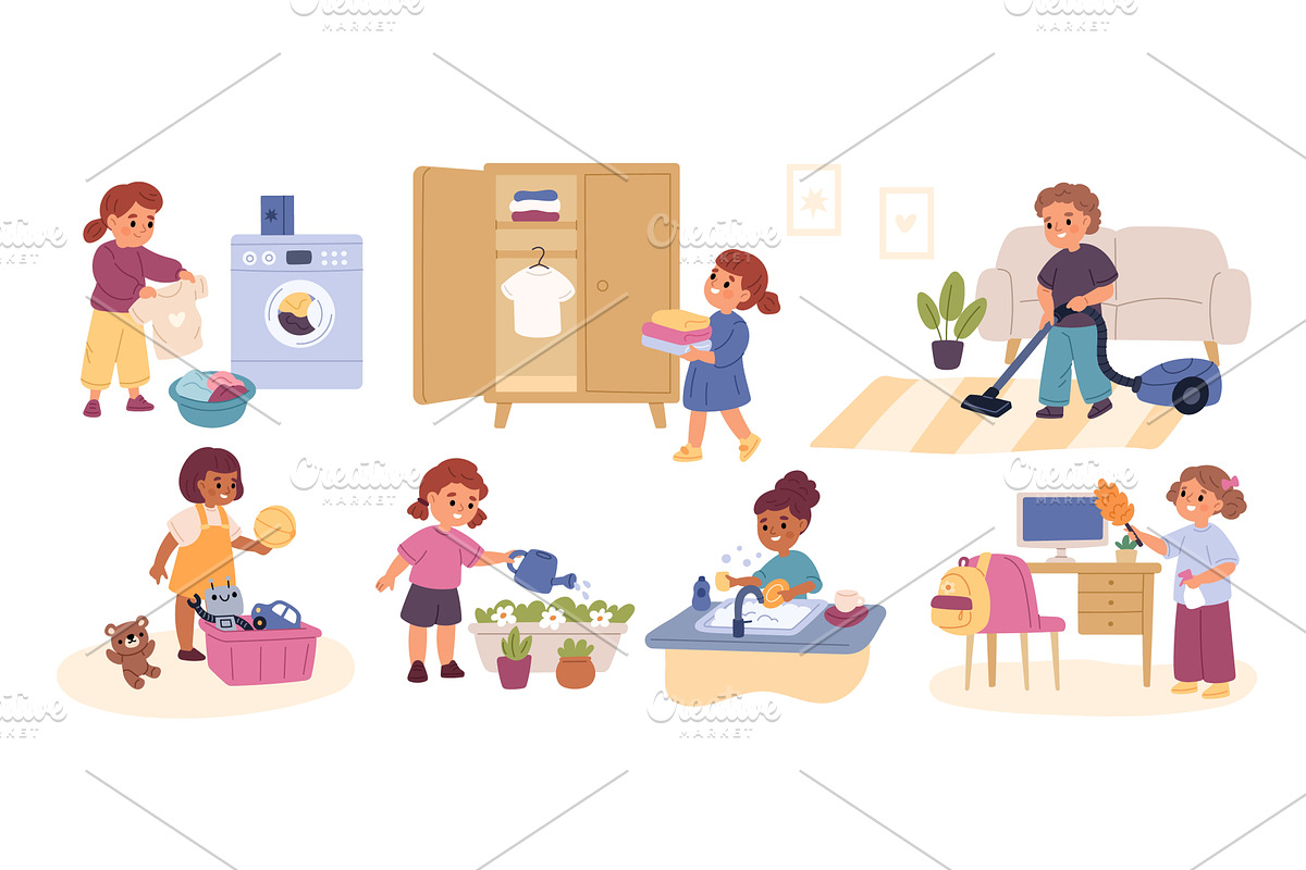 Cute children cleaning home. Funny, a Person Illustration by YummyBuum