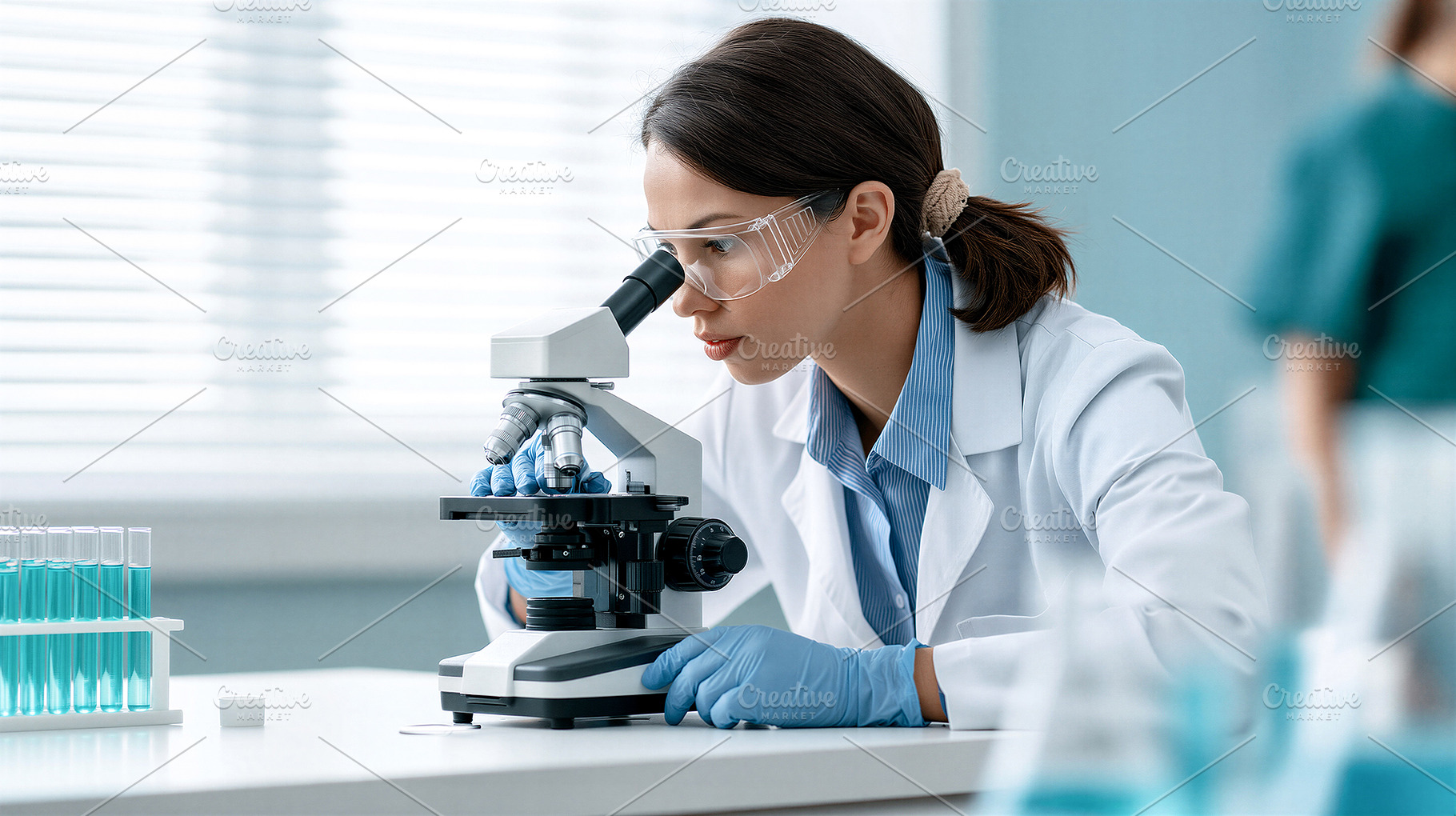 Scientist examining with microscope, a Health & Medical Photo by 7DesignLab