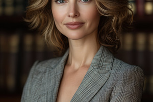 A confident woman international lawyer with wavy hair, wearing a stylish plaid, a Person Photo by Textures & Backgrounds