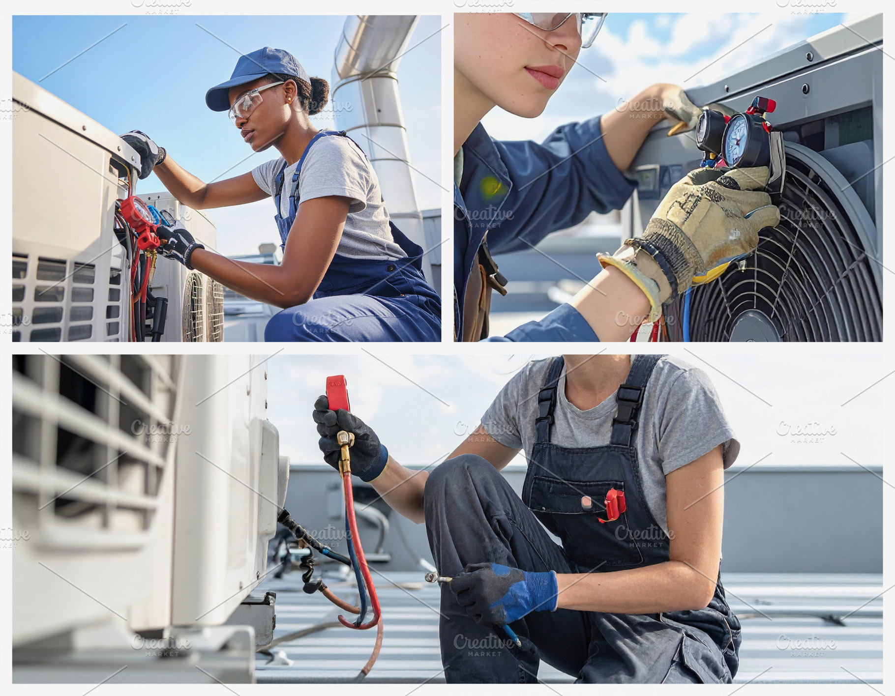 Photo collage of women hvac technician repairing an outdoor air, a Business Photo by DanFLCreativo