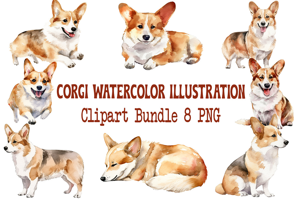 Corgi Watercolor Clipart Bundle, an Animal Illustration by Pet Cave (Photo 1 of 3)