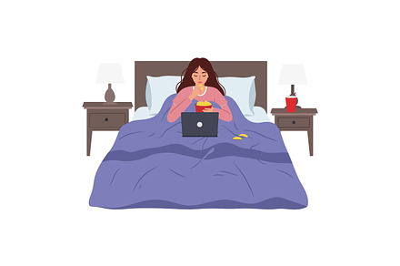 A woman in bed enjoying snacks while, an Illustration by designvectx