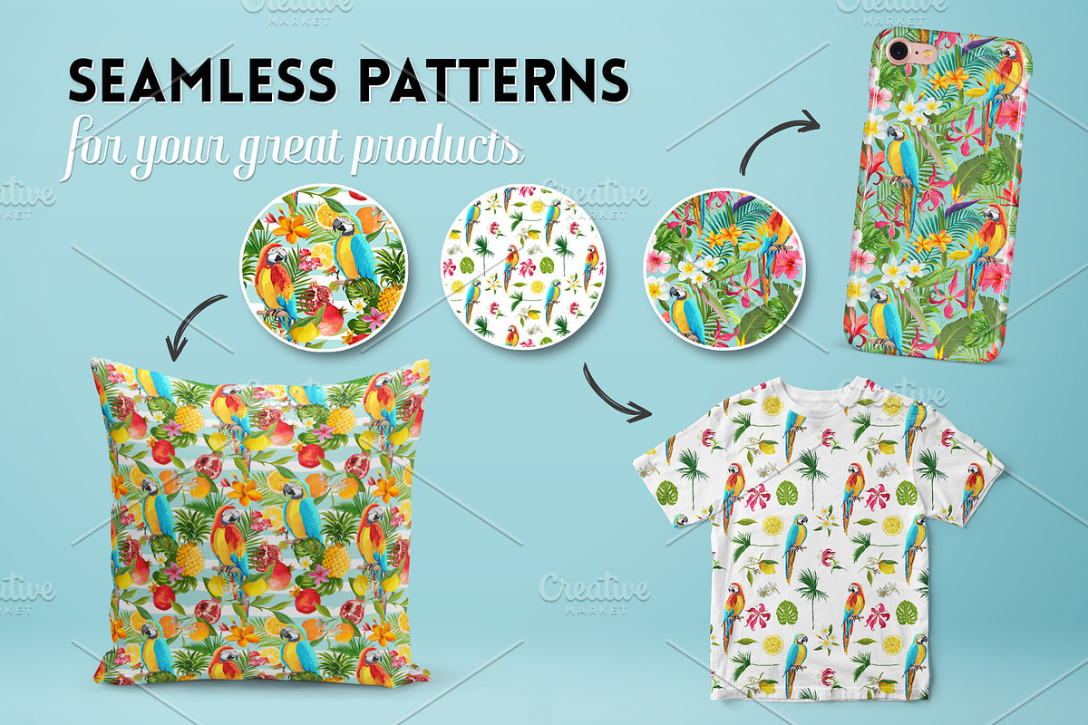 Parrots Tropical Patterns, T-shirts, an Illustration by Anna Studio (Photo 2 of 5)