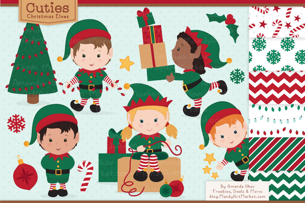 Cute Christmas Elves & Patterns, an Illustration by Amanda Ilkov (Photo 1 of 5)
