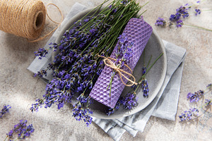 Lavender beeswax candle with natural rustic twine, a Health & Medical Photo by Olena Rudo