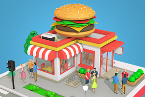 Low Poly Burger Cafe On Phone Screen