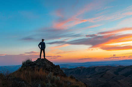 A hiker stands triumphantly on a roc, a Photo by Tanuart