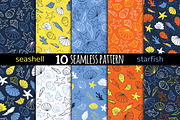 10 seamless patterns with seashells, a Pattern Graphic by EvgeniaV (Thumbnail 1 of 7)