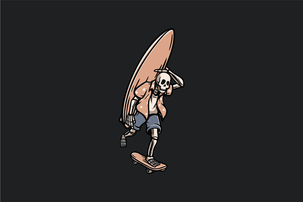 Skeleton Skateboarder with Surfboard, an Object Illustration by nomlimo.com (Photo 1 of 3)