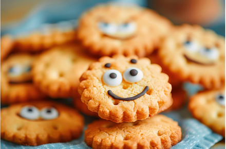 Happy face cookies on blue textile, an Arts & Entertainment Photo by Ylivdesign