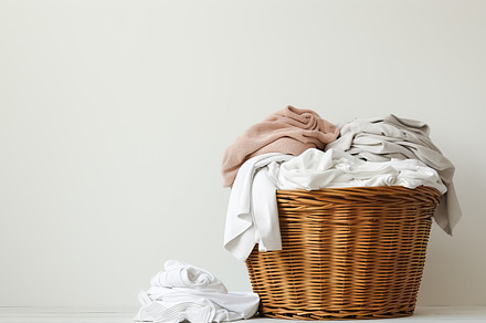 Clothes and blankets in a traditional wicker laundry basket on w, a Beauty & Fashion Photo by Studio Light & Shade