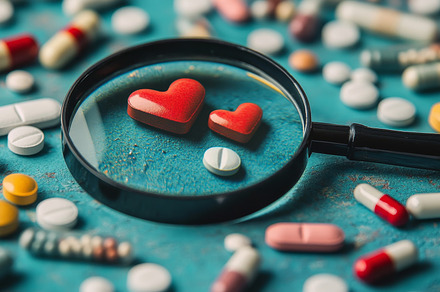 Magnifying Glass Over Heart Symbol Surrounded by Various Pills, an Abstract Photo by Natalia Klenova's Shop