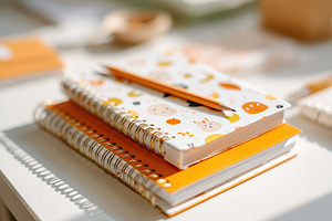 Colorful notebooks and a pencil arranged on a bright workspace in daylight, a Holiday Photo by AlyaAnd