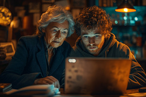 An elderly woman and a young man focus intently on a laptop screen, illuminated, a Person Photo by ImageMir