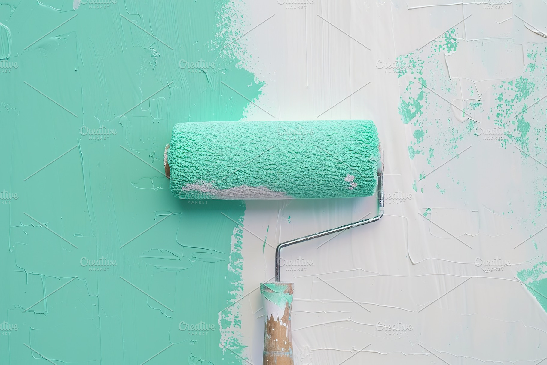 Roller brush with green paint on the wall, an Arts & Entertainment Photo by AlyaAnd