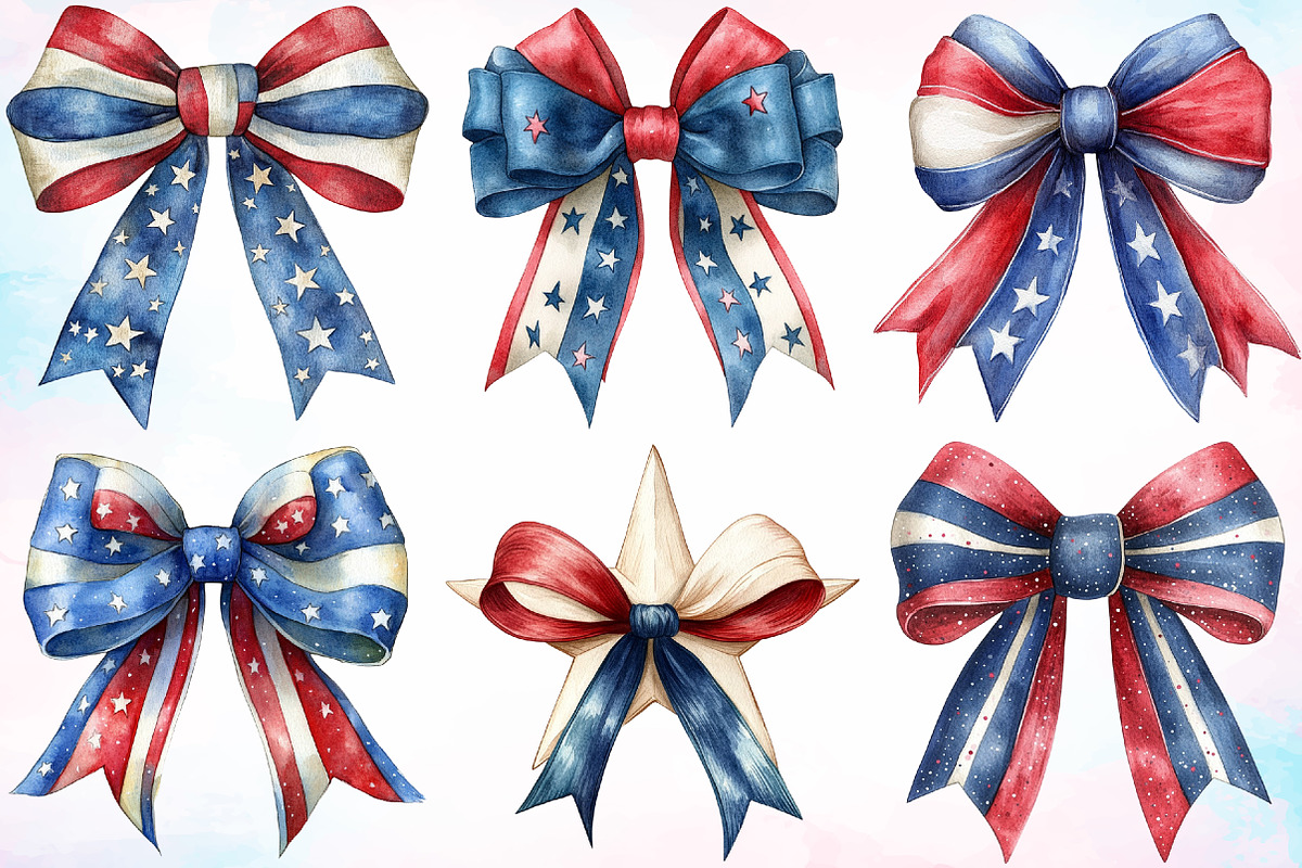 Watercolor 4th of July Bows Clipart, a Seasonal Illustration by Canvas Craft (Photo 2 of 5)