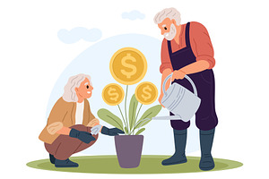 Elderly man and woman watering money, a Finance Illustration by Vectorbuum