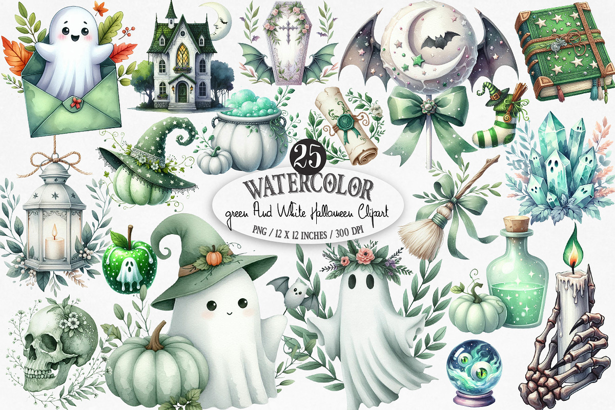 Green & White Halloween Clipart, an Illustration by Designking (Photo 1 of 4)