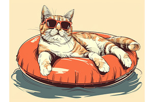 Cool Cat Relaxing On Inflatable Pool