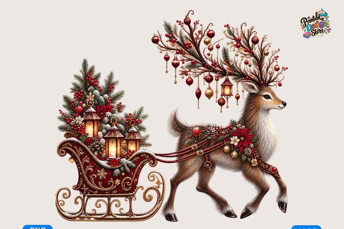 Ornate Christmas Reindeer Sleigh, a Seasonal Illustration by Printable Design Store (Photo 1 of 3)