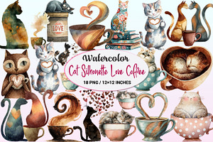 Cat Silhouette Love Coffee Clipart., a Graphic by CitraGraphics