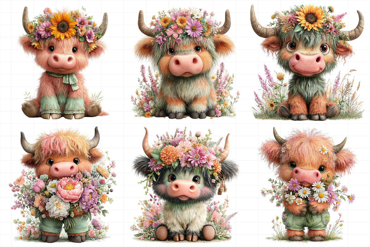 Watercolor Summer Highland Cow Clipa, an Illustration by Daily.Designs (Photo 5 of 8)