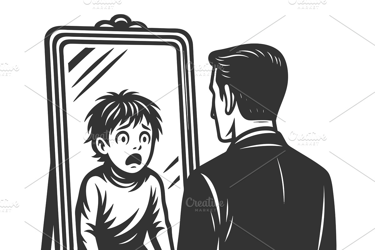 Man sees shocked child reflection in, a Person Illustration by AlexArt