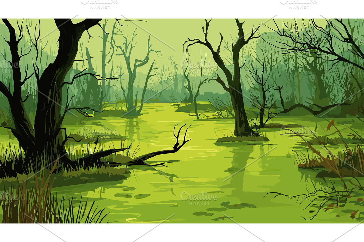Swamp landscape. Marsh background, an Illustration by Stock-Smart-Start