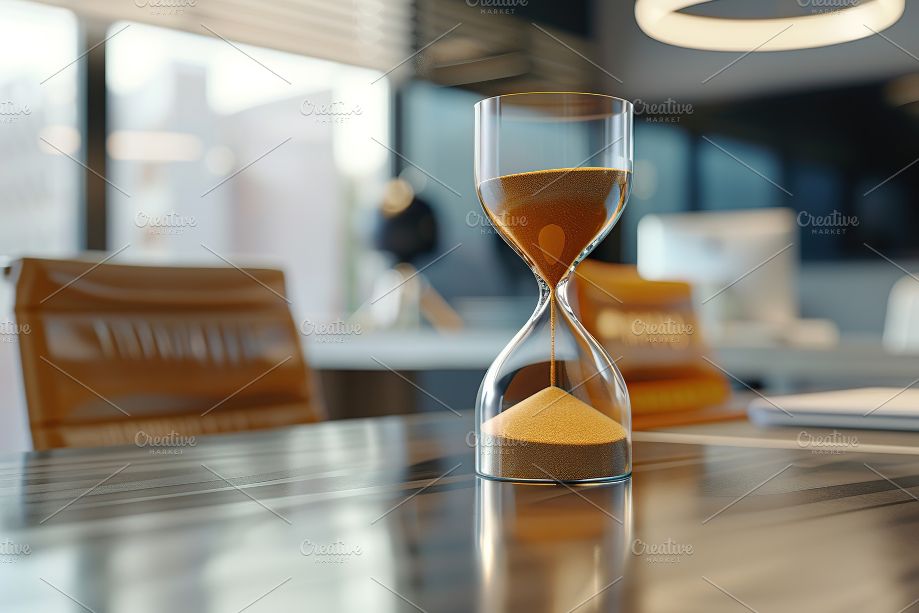 Hourglass with flowing sand on wooden business office, a Business Photo by AlyaAnd