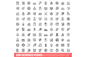 100 Science Icons Set, Outline Style