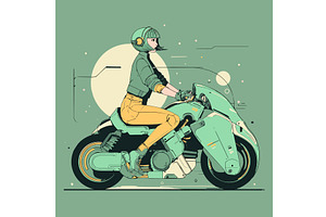 Stylish biker girl on motorcycle, an Object Illustration by Valerie Bodnar