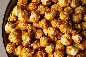 Homemade Caramel Pop Corn in a Bowl, top view.