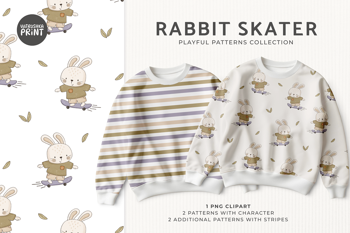 Rabbit skater kids patterns, a Pattern Graphic by vatrushkaprint_store (Photo 1 of 4)